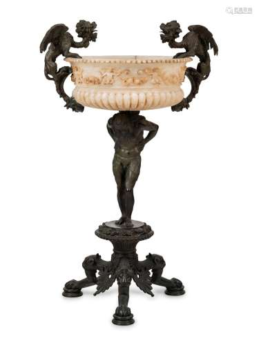 A Neoclassical Bronze and Carved Alabaster Jardiniere on Sta...
