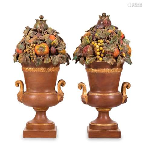 A Pair of Painted and Parcel Gilt Terra Cotta Flowering Urns