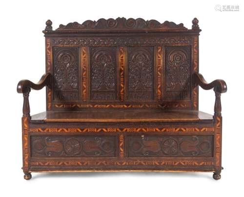 A William and Mary Style Carved Oak and Marquetry Settle