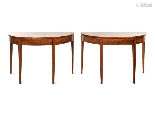 A Pair of George III Walnut Veneer Demilune Console Tables