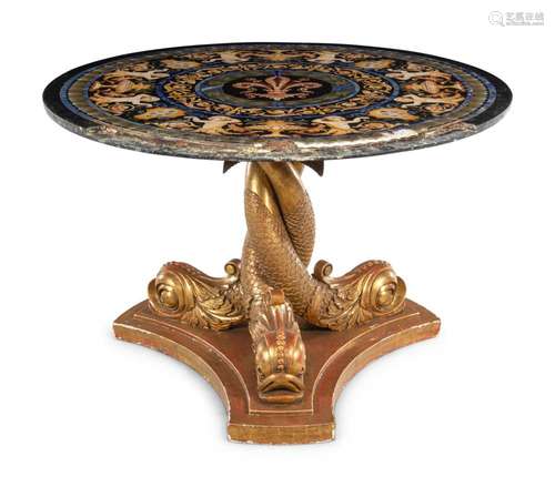 A Regency Style Giltwood Center Table with a Pietra Dura Top