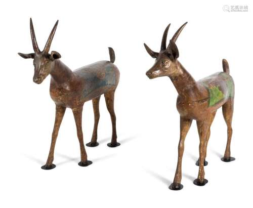 A Pair of Indian Painted Wood Models of Deer