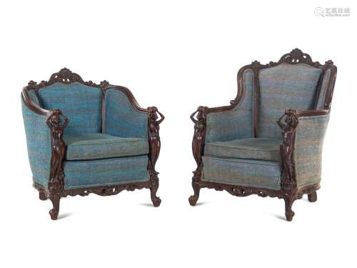 A Pair of Carved Walnut Armchairs in the Style of Karpen Bro...