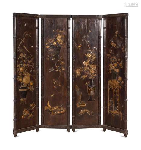 A Chinese Export Carved and Parcel Gilt Four-Panel Floor Scr...