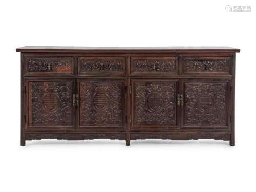 A Chinese Export Carved Hardwood Console Cabinet