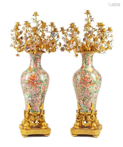 A Pair of Monumental Gilt Bronze Mounted Chinese Mille-Fleur...