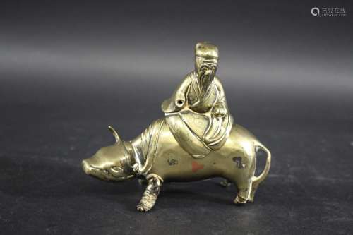 BUDDHIST BRASS BUDDHA & COW a small brass figure of a bu...