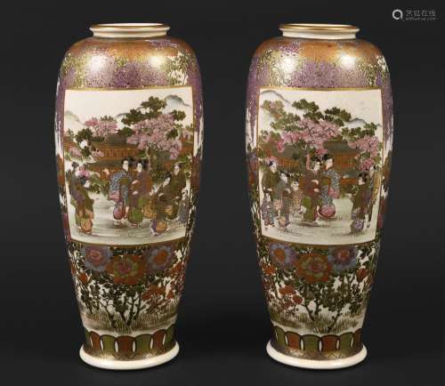 LARGE PAIR OF JAPANESE SATSUMA SIGNED VASES - KOZAN, Y TANIG...