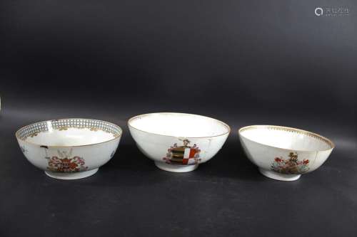 18THC CHINESE ARMORIAL BOWLS three large Chinese porcelain a...