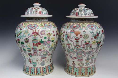 Pair of Chinese Famille Rose Porcelain Temple Jars