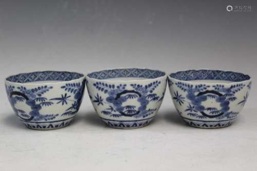 Three Japanese Blue and White Porcelain Cups