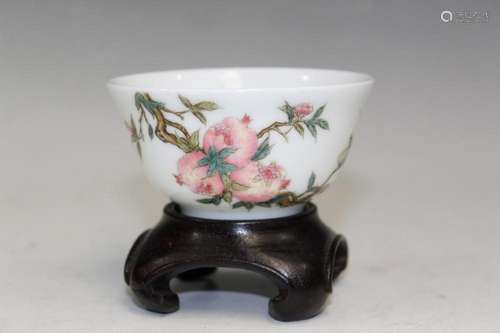 Chinese Famille Rose Porcelain Cup on Wood Stand