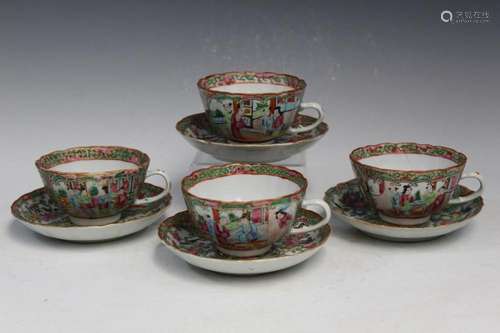 Four Sets of Chinese Rose Medallion Teacups and Saucers