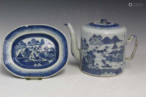 Chinese Canton Blue and White Porcelain Teapot and Dish