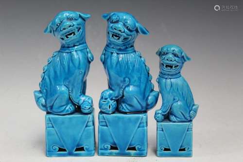 Three Chinese Turquoise Glazed Foo Dog Porcelain Figures