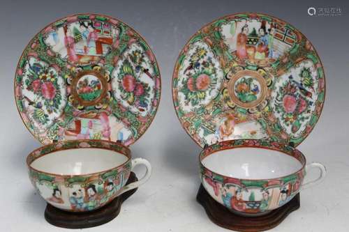 A Pair of Chinese Rose Medallion Porcelain Teacups and Sauce...