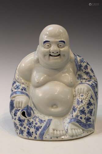 Chinese Blue and White Porcelain Laughing Buddha, signed wit...