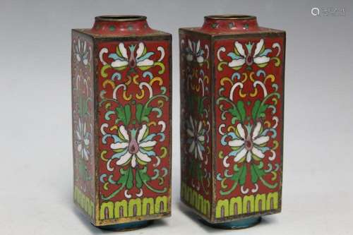 Pair of Chinese Cloisonne Square Vases