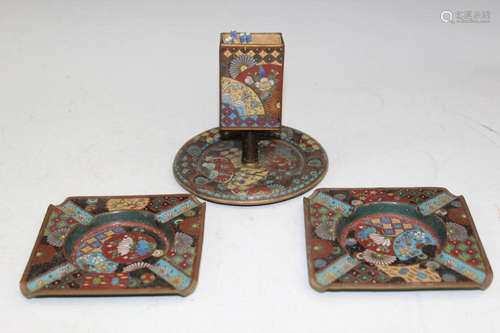 Three Japanese Cloisonne Items: 2 Ashtrays and a Matchbox