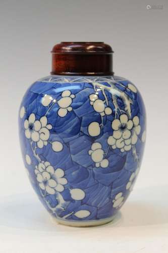 Chinese Blue and White Porcelain Jar with Wood Lid.