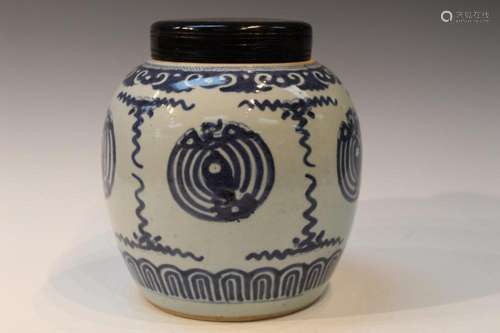 Chinese Blue and White Porcelain Jar with Wood Lid.