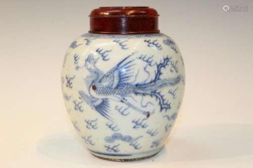 Chinese Blue and White Porcelain Jar with Wood Lid.