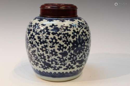 Chinese Blue and White Porcelain Jar with Wood Lid