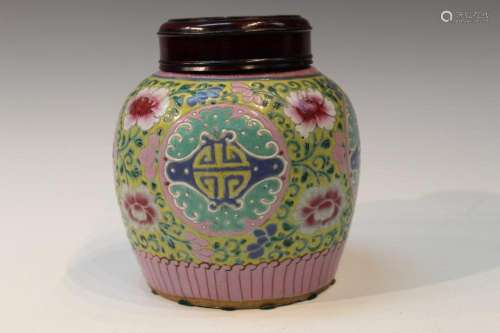 Chinese Famille Rose Porcelain Jar with Wood Lid