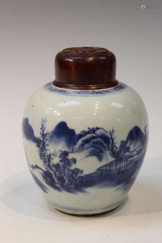 Chinese Blue and White Porcelain Jar with Wood Lid