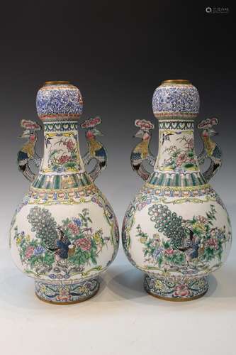 Pair of Chinese Enameled Vases with Qianlong Mark