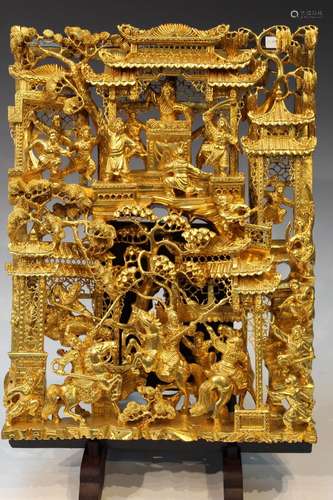 Chinese Gold Gilded Wood Carving Panel