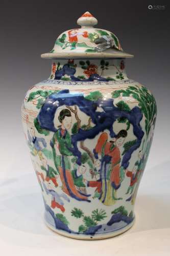 Chinese Porcelain Wucai Temple Jar