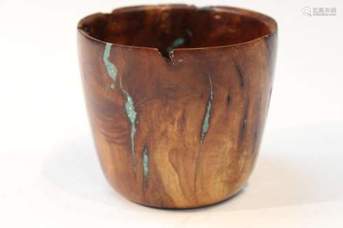 Wooden Cup with Turquoise Accent, signed