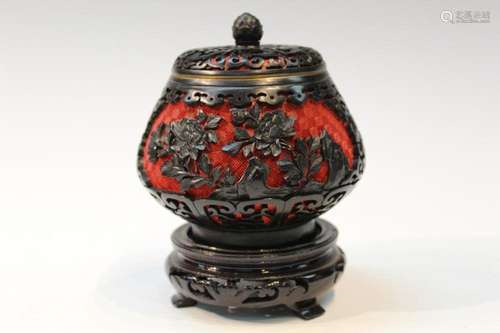 Chinese Cinnabar Lacquered Flowered Jar with Wood Base