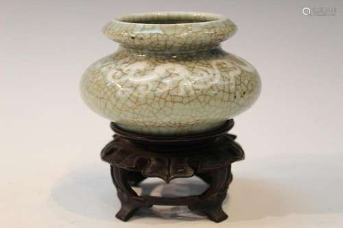 Chinese Crackle Glazed Celadon Water Coupe on Wood Stand