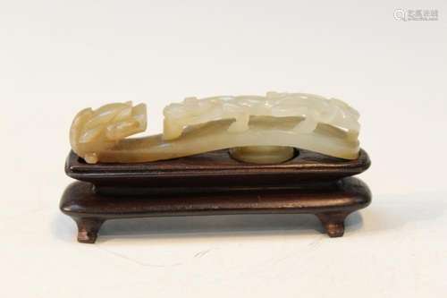 Chinese Carved White Jade Belt Buckle with Wood Stand