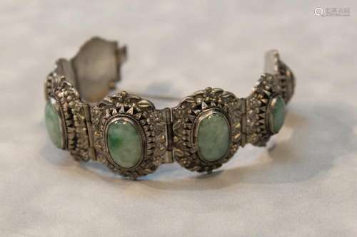 Chinese Silver Bracelet with Jadeite Inlet