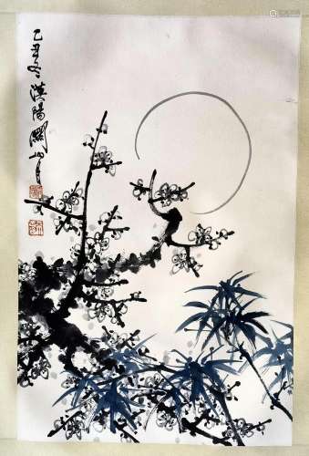CHINESE SCROLL PAINTING OF PLUM AND BAMBOO SIGNED BY