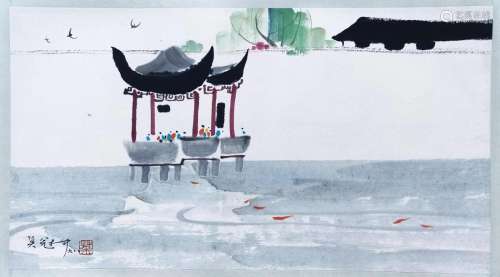 CHINESE SCROLL PAINTING OF LAKEVIEW SIGNED BY WU