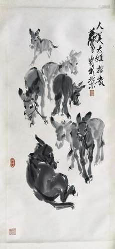 CHINESE SCROLL PAINTING OF DONKEY SIGNED BY HUANG ZHOU