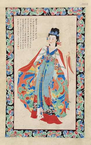 CHINESE SCROLL PAINTING OF BEAUTY WITH CALLIGRAPHY