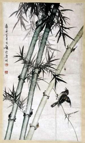 CHINESE SCROLL PAINTING OF SPARROW AND BAMBOO SIGNED BY