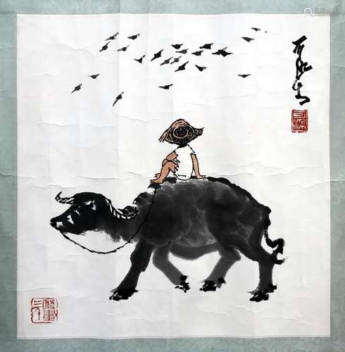 CHINESE SCROLL PAINTING OF BOY ON OX SIGNED BY LI KERAN