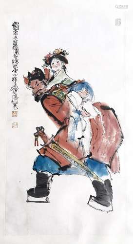 CHINESE SCROLL PAINTING OF GIRL ON MAN BACK SIGNED BY