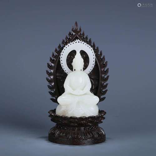 CHINESE WHITE JADE SEATED GUANYIN ON ZITAN STAND