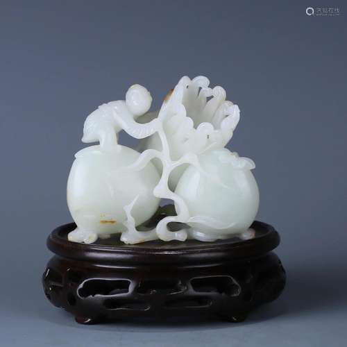 CHINESE WHITE JADE BOY AND PEACH TABLE ITEM