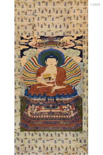 CHINESE KESI EMBROIDERY SEATED BUDDHA THANGKA