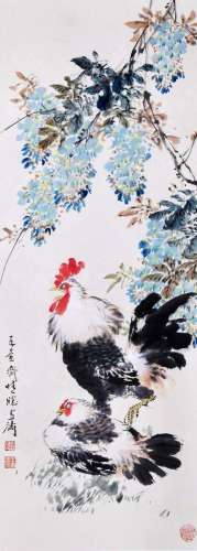 CHINESE SCROLL PAINTING OF FLOWER AND ROOSTER SIGNED BY