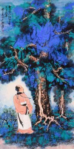 CHINESE SCROLL PAINTING OF MAN UNDER TREE SIGNED BY