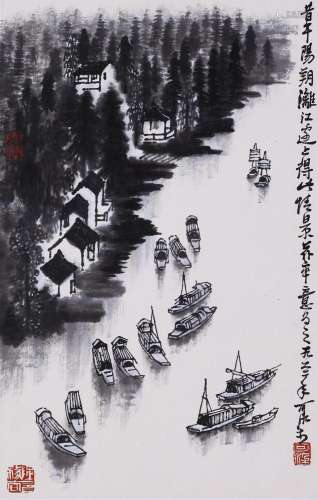 CHINESE SCROLL PAINTING OF BOATS ON RIVER SIGNED BY LI